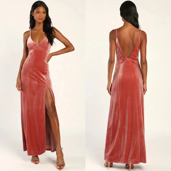 Lulus Promise of Forever Dusty Rose Velvet Column Maxi Dress XL Wedding Party - Picture 1 of 12